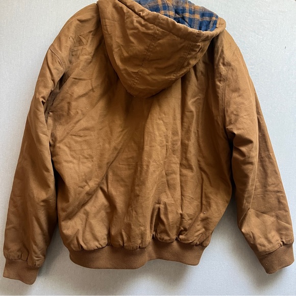 Woolrich Green Label Canvas Work Jacket Mens L Brown Hooded Plaid Lined - Picture 2 of 8